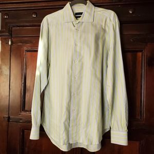 Men Zara Man Dress Shirt Size 17‎ Olive and Gray Strip